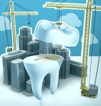 Diente en construcción con grúas y edificios al lado