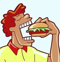 Persona masticando una hamburguesa