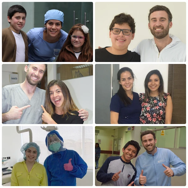 Collage de fotografías junto a pacientes atendidos por los ortodoncistas Dr. Gerardo Ureña y Dra. Carla Ampuero durante diferentes etapas de su experiencia clínica.