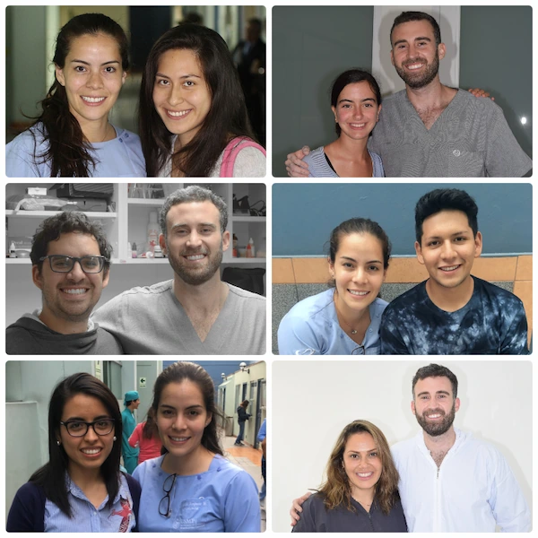 Collage de fotografías junto a pacientes atendidos por los ortodoncistas Dr. Gerardo Ureña y Dra. Carla Ampuero durante diferentes etapas de su experiencia clínica.