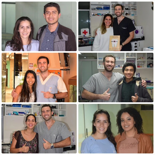 Collage de fotografías junto a pacientes atendidos por los ortodoncistas Dr. Gerardo Ureña y Dra. Carla Ampuero durante diferentes etapas de su experiencia clínica.