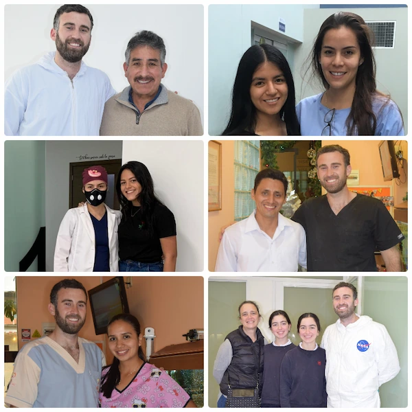 Collage de fotografías junto a pacientes atendidos por los ortodoncistas Dr. Gerardo Ureña y Dra. Carla Ampuero durante diferentes etapas de su experiencia clínica.