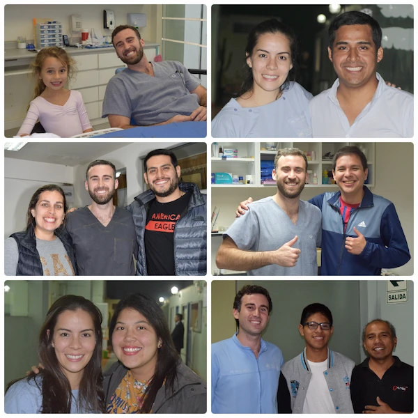 Collage de fotografías junto a pacientes atendidos por los ortodoncistas Dr. Gerardo Ureña y Dra. Carla Ampuero durante diferentes etapas de su experiencia clínica.