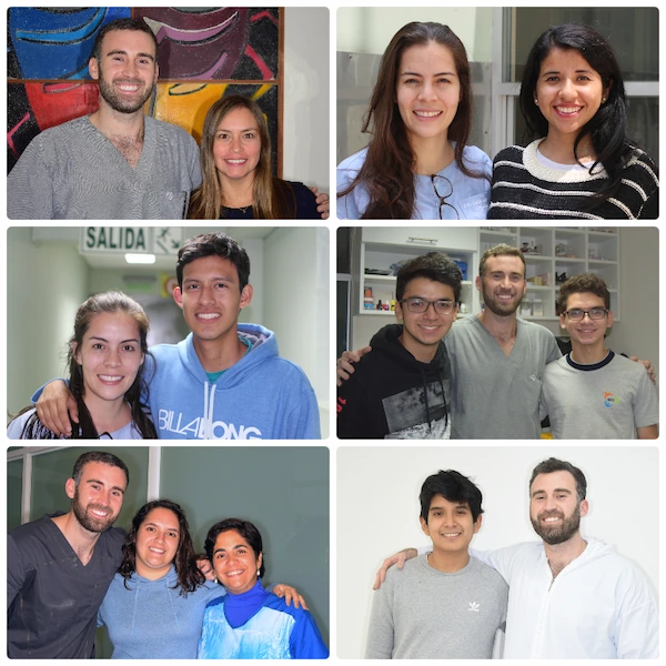 Collage de fotografías junto a pacientes atendidos por los ortodoncistas Dr. Gerardo Ureña y Dra. Carla Ampuero durante diferentes etapas de su experiencia clínica.