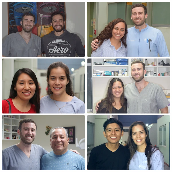 Collage de fotografías junto a pacientes atendidos por los ortodoncistas Dr. Gerardo Ureña y Dra. Carla Ampuero durante diferentes etapas de su experiencia clínica.