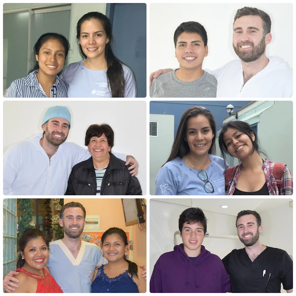 Collage de fotografías junto a pacientes atendidos por los ortodoncistas Dr. Gerardo Ureña y Dra. Carla Ampuero durante diferentes etapas de su experiencia clínica.
