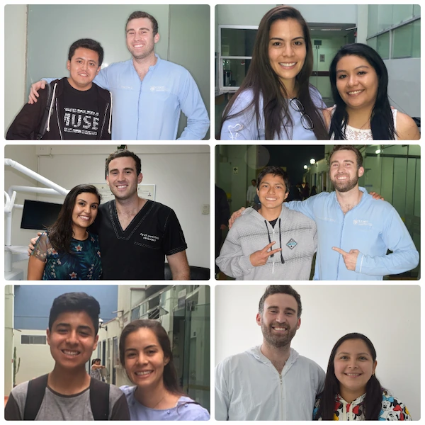 Collage de fotografías junto a pacientes atendidos por los ortodoncistas Dr. Gerardo Ureña y Dra. Carla Ampuero durante diferentes etapas de su experiencia clínica.