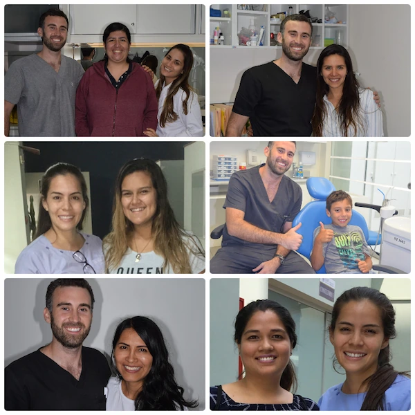 Collage de fotografías junto a pacientes atendidos por los ortodoncistas Dr. Gerardo Ureña y Dra. Carla Ampuero durante diferentes etapas de su experiencia clínica.