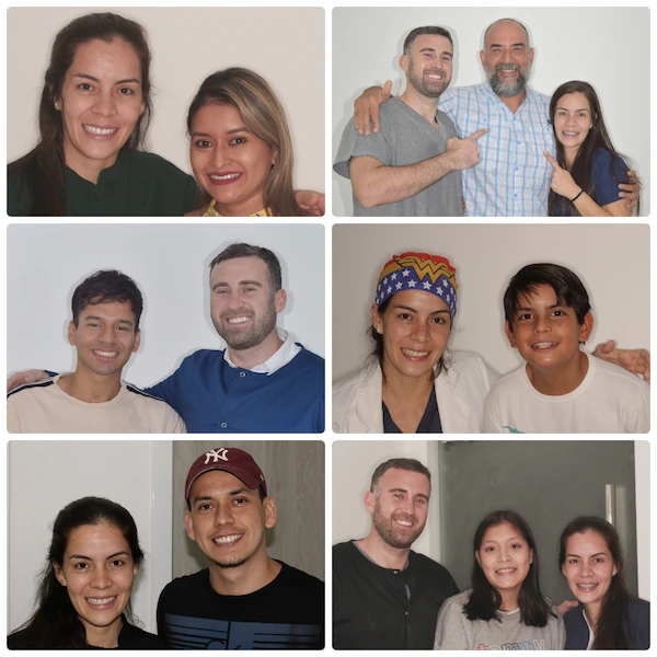Collage de fotografías junto a pacientes atendidos por los ortodoncistas Dr. Gerardo Ureña y Dra. Carla Ampuero durante diferentes etapas de su experiencia clínica.
