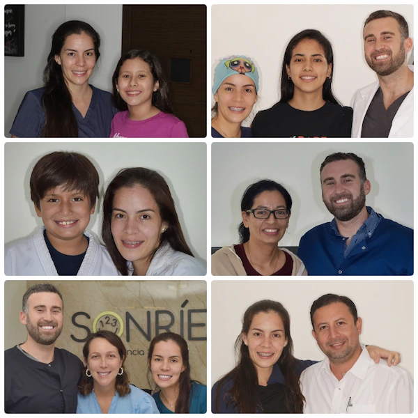 Collage de fotografías junto a pacientes atendidos por los ortodoncistas Dr. Gerardo Ureña y Dra. Carla Ampuero durante diferentes etapas de su experiencia clínica.